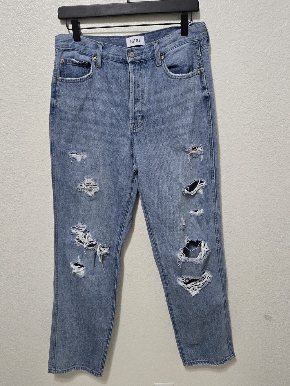 Pistola wide leg denim jean high rise distressed light wash button fly size 27